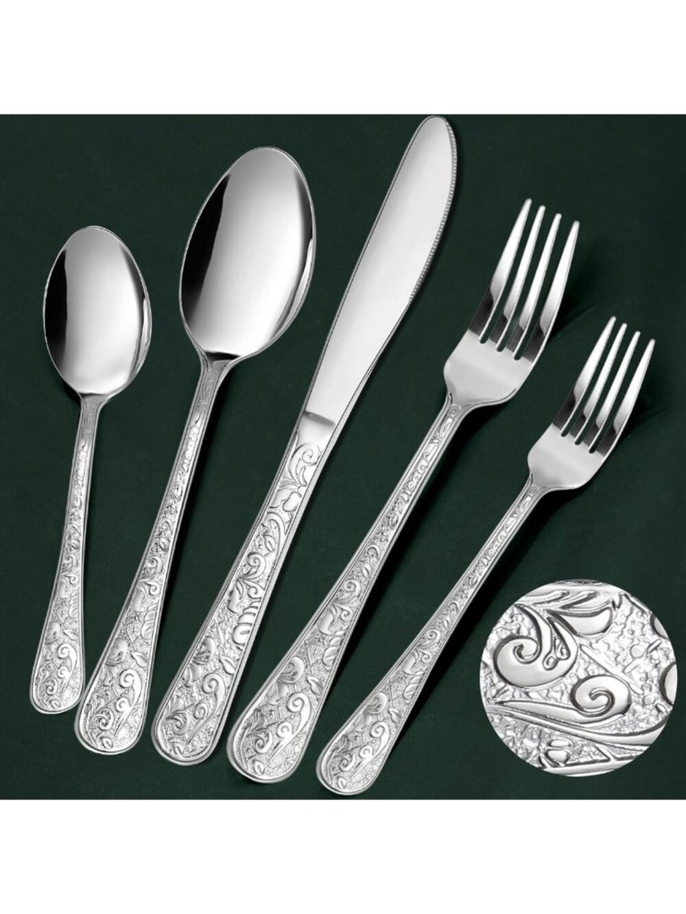 40-Piece Vintage Carved Silverware Set for 8 | Stainless Steel Flatware